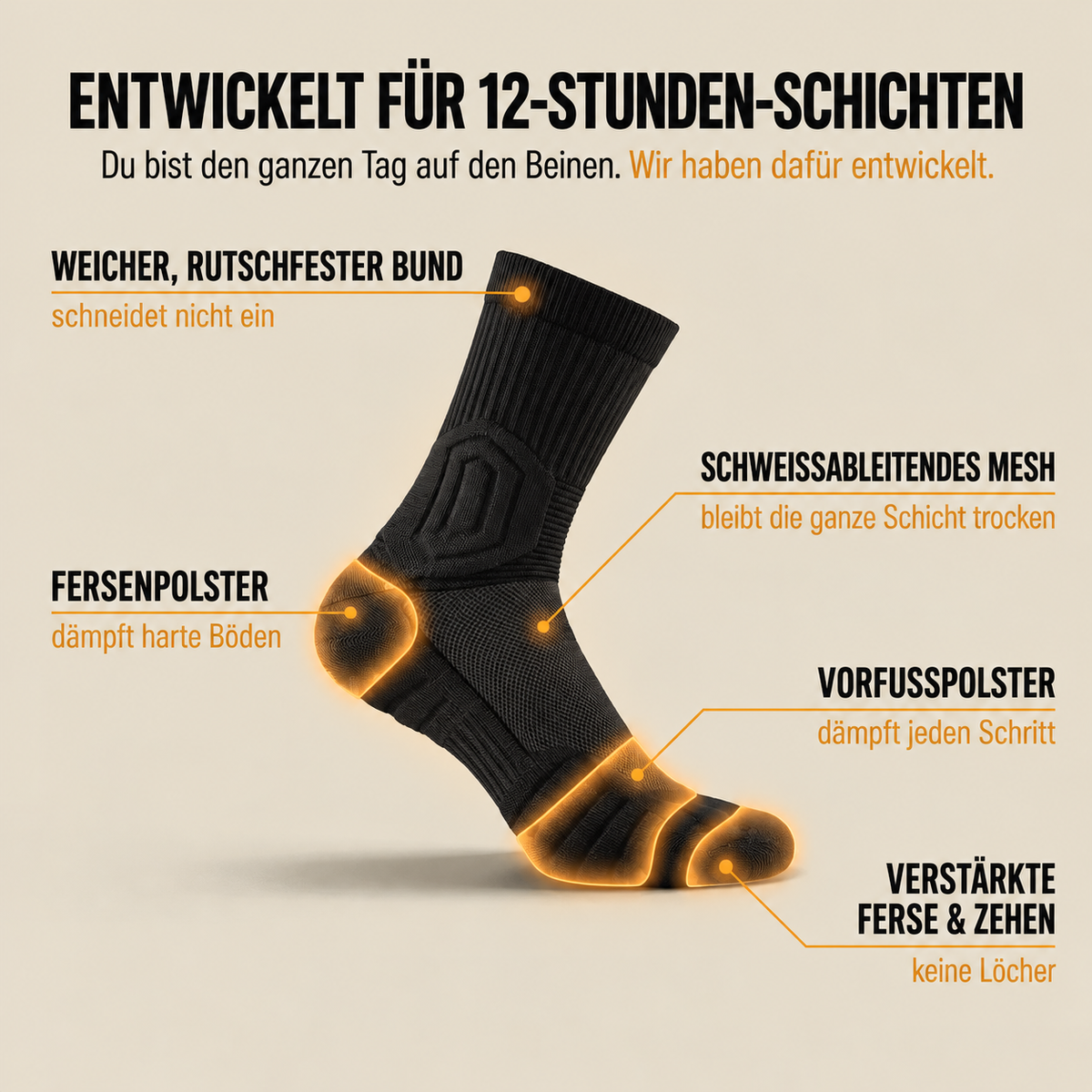 Standfeste Arbeitssocke mit detaillierten Dämpfungszonen