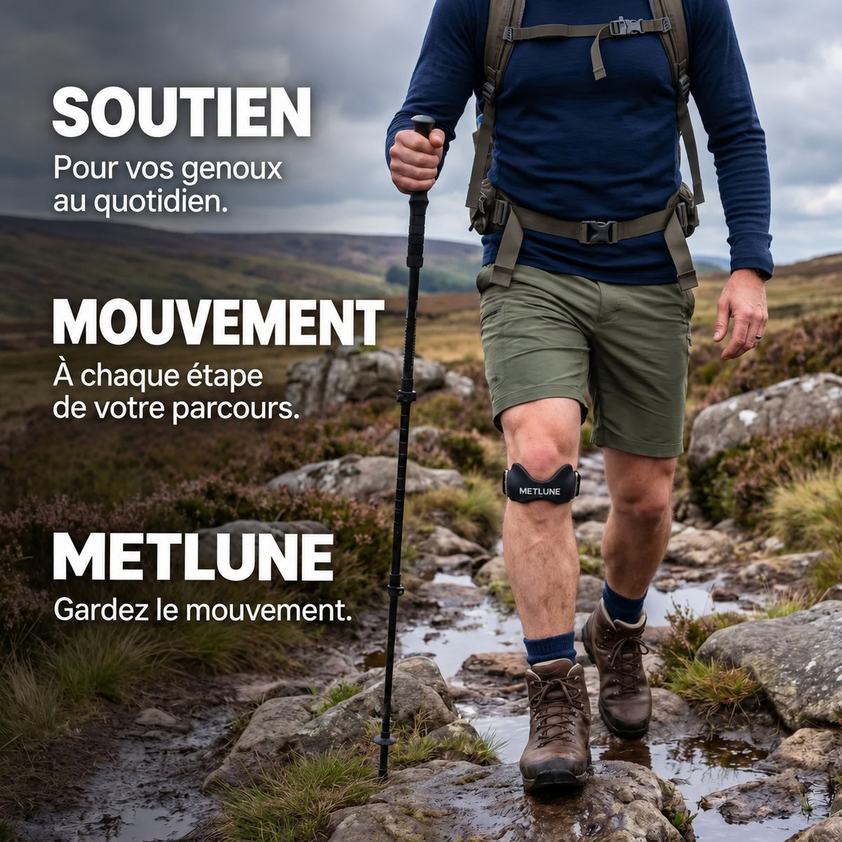 Randonneur portant une sangle METLUNE pour accompagner ses mouvements